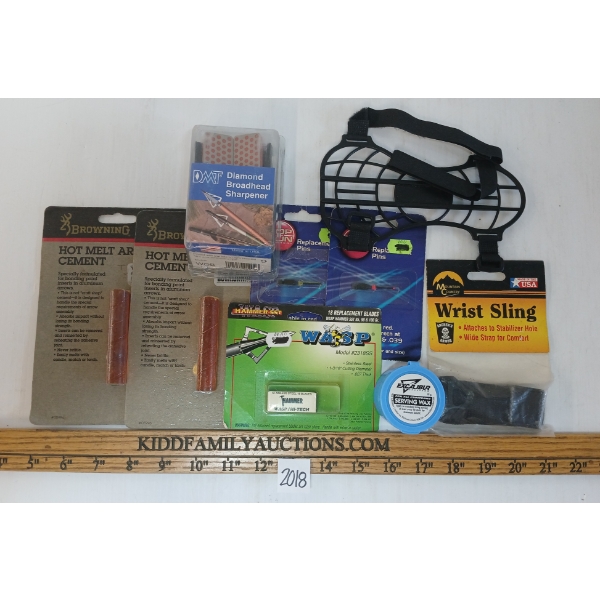 LOT OF 9 - ARCHERY ACCESSORIES - SERVING WAX, WRIST SLING, HOT MELT CEMENT, ETC