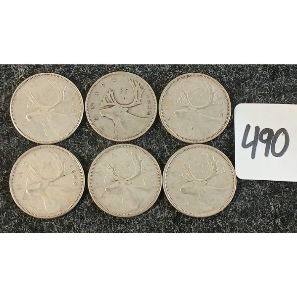 LOT OF 6 - 1945-1966 CDN 25 CENT COINS