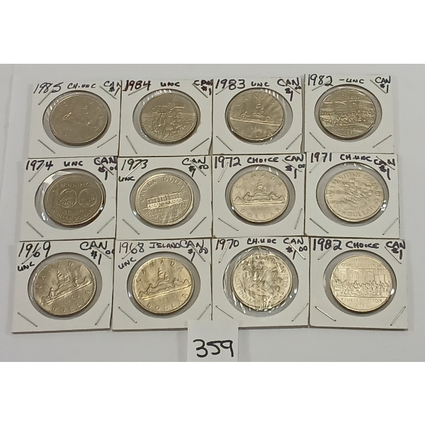 LOT OF 12 - CDN DOLLAR COINS - INCL 1968-1974 ETC