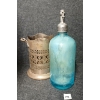 Image 3 : LOT OF 2 - HOME BEVERAGE DISTRIBUTOR - AZURE ACID-ETCHED - SELTZER BOTTLE & BRASS HOLDER