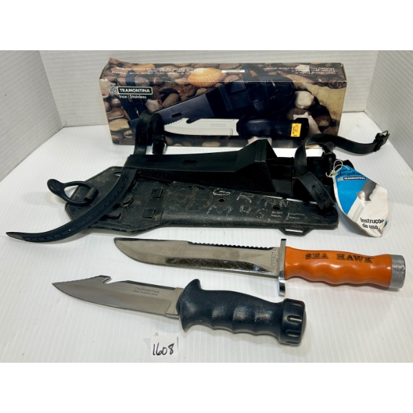 LOT OF 2 - UTILITY DIVING KNIVES WITH SHEATHES