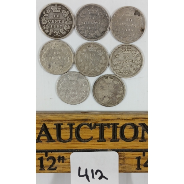 LOT OF 8 - 1870-1887 CDN SILVER 10 CENT COINS