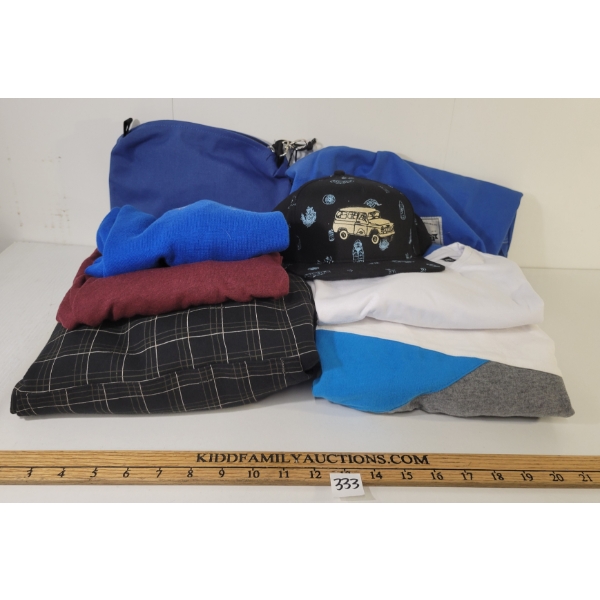 LOT OF 8 - MEN'S T-SHIRTS, SWEATERS, HAT, TAYLOR DAY PACK & DANBURY WASHBAG - MFG WESC, INSIGHT, ETC