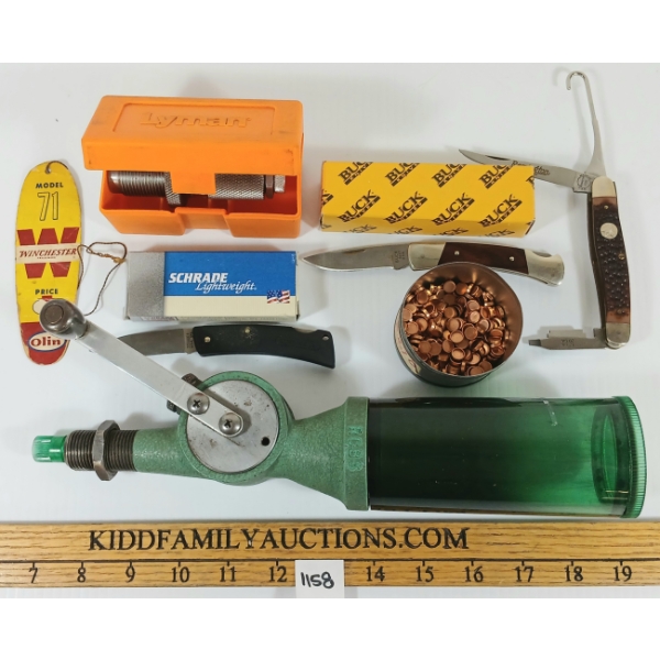 LOT OF 7 - RCBS POWDER MEASURE, LYMAN 27 NECK-EXPANDING DIE, GAS CHECKS, ETC.