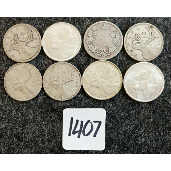 LOT OF 8 - 1900-1968 CDN 25 CENT COINS