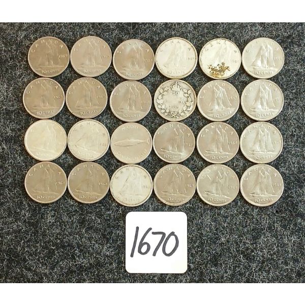 LOT OF 24 - 1919-1968 CDN 10 CENT COINS