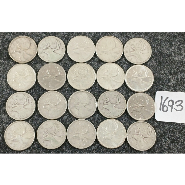 LOT OF 20 - 1949-1977 CDN 25 CENT COINS
