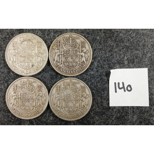 LOT OF 4 - 1943 CDN 50 CENT SILVER COINS