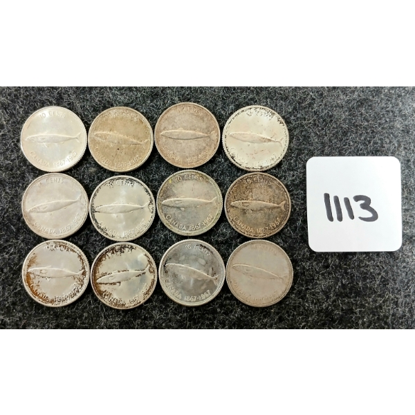 LOT OF 12 - 1967 CDN SILVER 10 CENT COINS