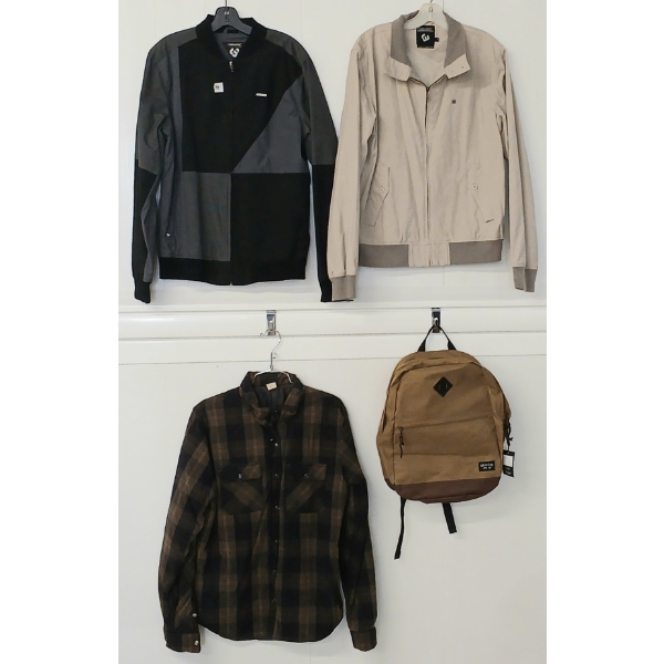 LOT OF 4 - MEN'S RAGWEAR & DEUS EX MACHINA JACKETS W/ BRIXTON BACKPACK