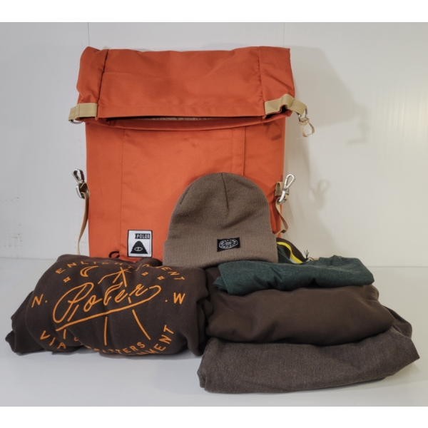 LOT OF 6 - MEN'S T-SHIRT, SHORTS, HOODIES, HAT & ROLLTOP BAG - MFG POLER, WESC, BRIXTON, ETC