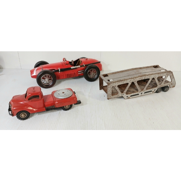 LOT OF 3 - GAMA TIN FRICTION TRUCK, TONKA TRAILER & RACE CAR MODEL