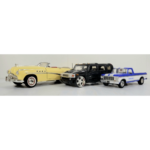 LOT OF 3 - MOTOR MAX DIECAST 1949 BUICK, JADA HUMMER H2 & LIBERTY CLASSICS 1979 FORD PICKUP MODELS