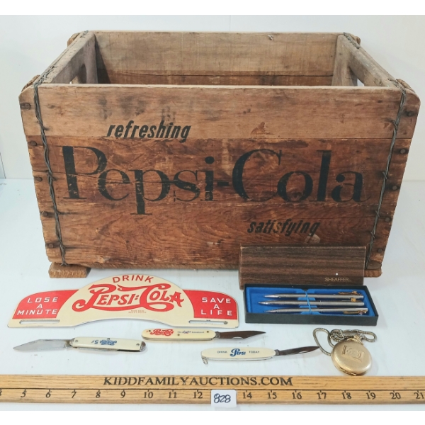 JOB LOT - PEPSI-COLA SSP SIGN, CRATE, POCKET WATCH, FOLDING KNIVES & PENS