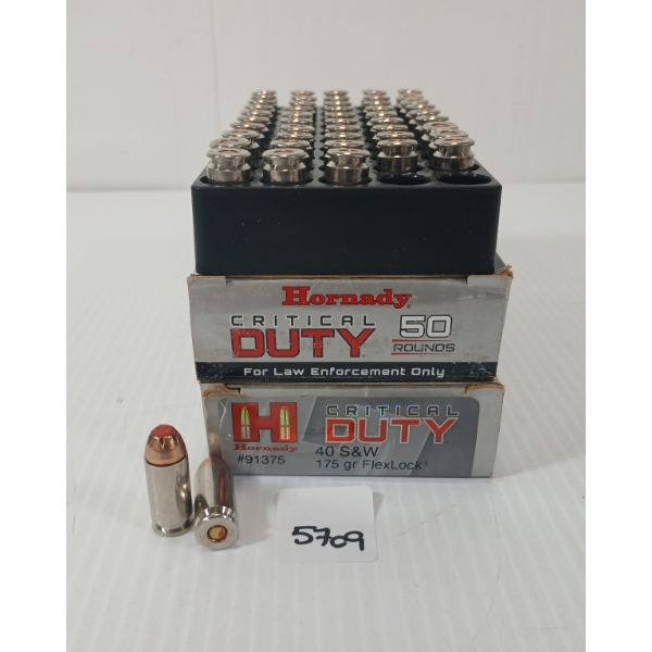 AMMO: 100X HORNADY CRITICAL DUTY .40 S&W - 175GR - FLEXLOCK