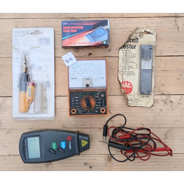 LOT OF 5 - DIGITAL TACHOMETER, CIRCUT TESTER, RCA TECH VOM MULTIMETER ETC.