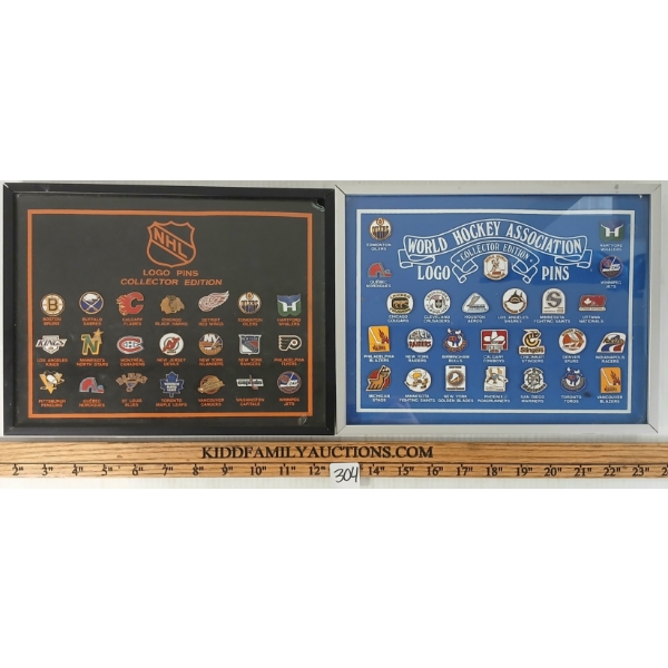 LOT OF 2 - NHL & WORLD HOCKEY ASSOCIATION LOGO PINS COLLECTIONS - FRAMED