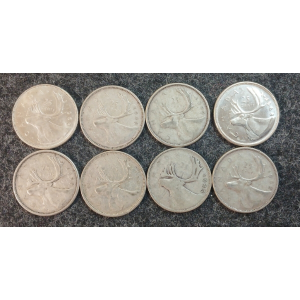 LOT OF 8 - 1943-1968 CDN 25 CENT COINS
