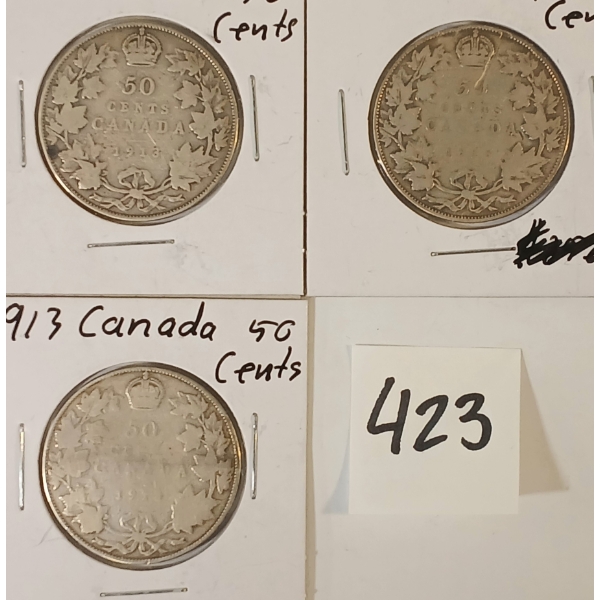 LOT OF 3 - 1913 CDN 50 CENT SILVER COINS