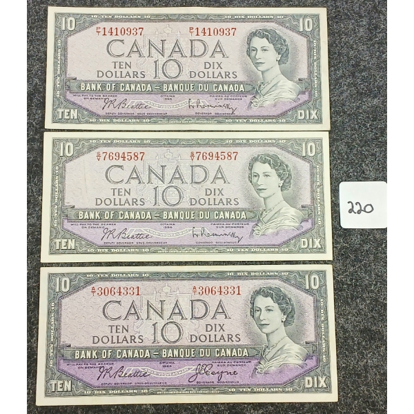 LOT OF 3 - 1954 CDN $10 BANKNOTES