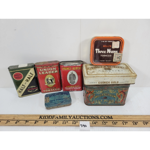 LOT OF 7 - MISC TOBACCO & CIGARETTE TINS - INCL PRINCE ALBERT & THREE NUNS, ETC.