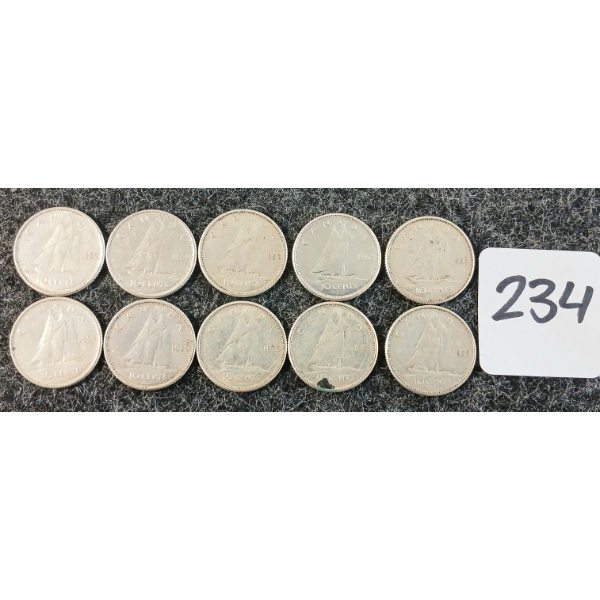 LOT OF 10 - 1959 CDN 10 CENT COINS