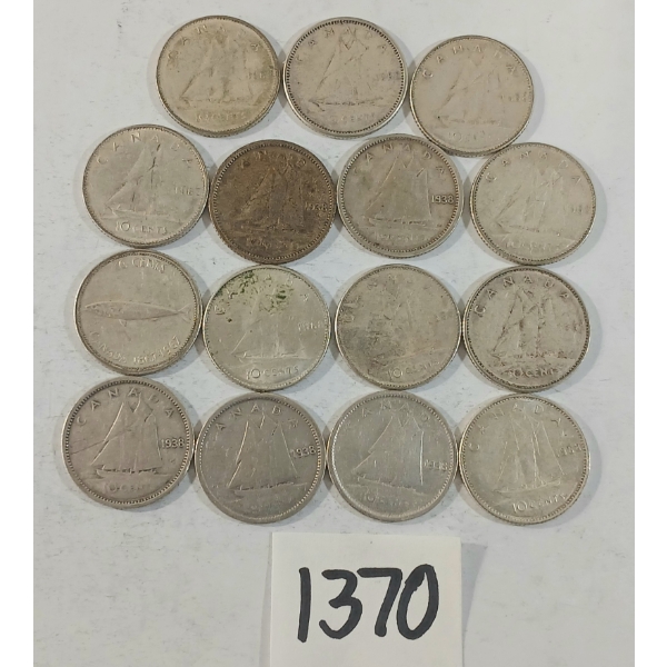 LOT OF 15 - 1938-1968 CDN SILVER DIMES