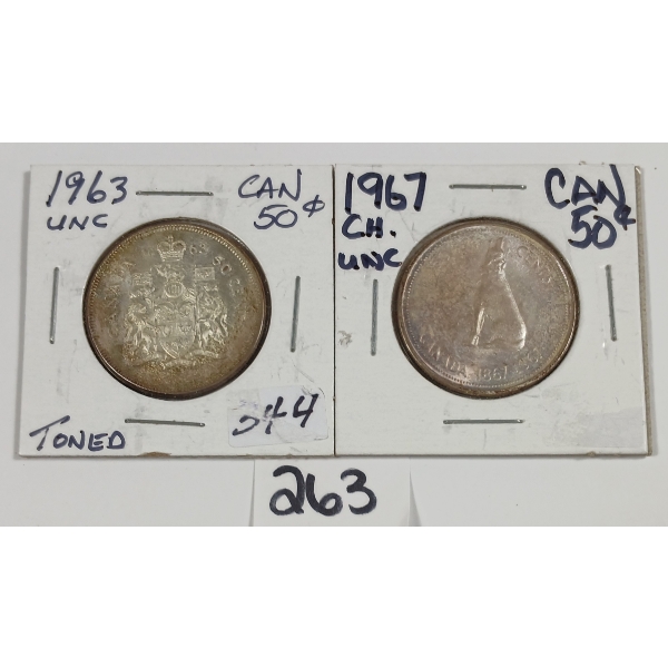 LOT OF 2 - 1963 & 1967 CDN UNCIRCULATED 50 CENT PCS