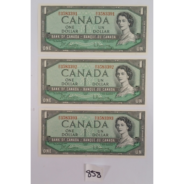 LOT OF 3 - 1954 CDN $1 BANKNOTES - SEQUENTIAL & UNCIRCULATED