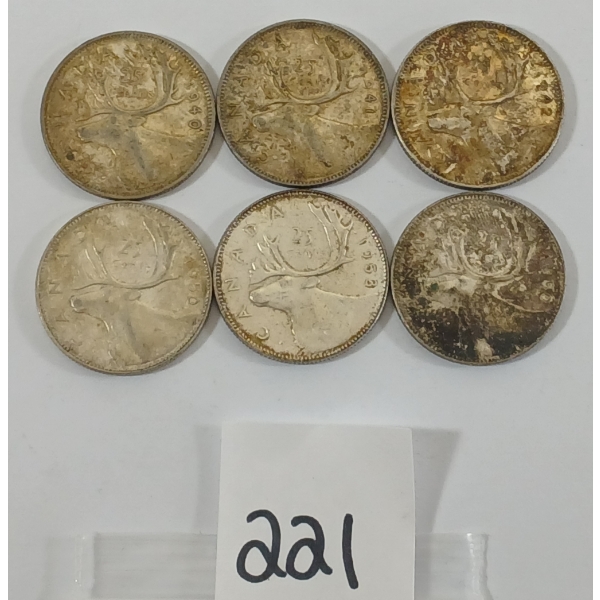 LOT OF 6 - 1940-1953 CDN SILVER 25 CENT PCS