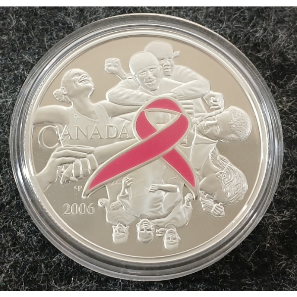 2006 RCM $5 FINE SILVER PINK ENAMEL-EFFECT COIN - RIBBON OF HOPE