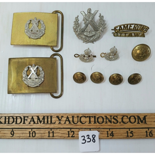 LOT OF 11 - CAMERON HIGHLANDERS BUCKLES, SPORRAN BADGE PIPS & BUTTONS
