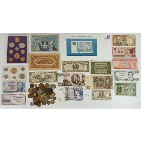 QTY OF WORLD COINS & BANKNOTES - INCL ENGLAND, GERMANY, JAPAN, ETC
