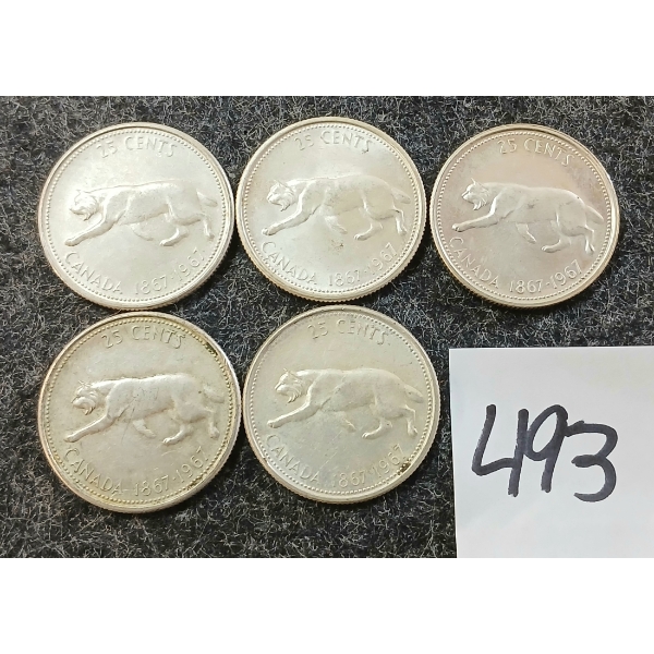 LOT OF 5 - 1967 CDN 25 CENT SILVER COINS