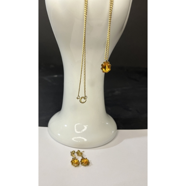 LOT OF 2 - GOLD NECKLACE W/ YELLOW JEWEL STONE & MATCHING EARRINGS