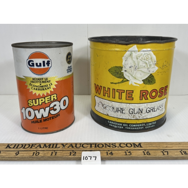 LOT OF 2 - WHITE ROSE PRESSURE GUN GREASE 5LB CAN & GULF 10W30 MOTOR OIL LITRE FIBRE COIN BANK