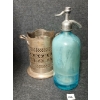 Image 1 : LOT OF 2 - HOME BEVERAGE DISTRIBUTOR - AZURE ACID-ETCHED - SELTZER BOTTLE & BRASS HOLDER