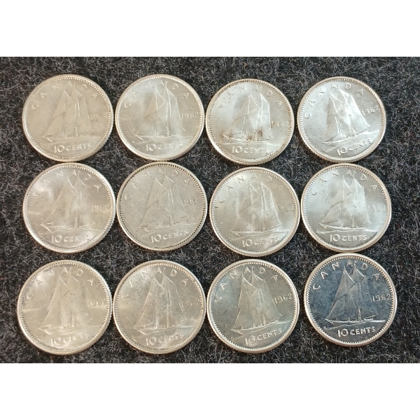 LOT OF 12 - 1962 CDN 10 CENT COINS