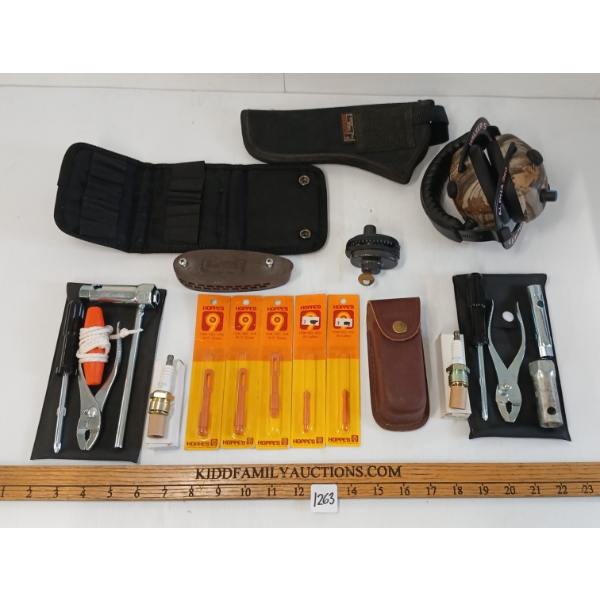 JOB LOT - WALKER'S ALPHA360 HEARING PROTECTION, CLEANING TOOLS, BUTT PAD, SHEATHS, ETC