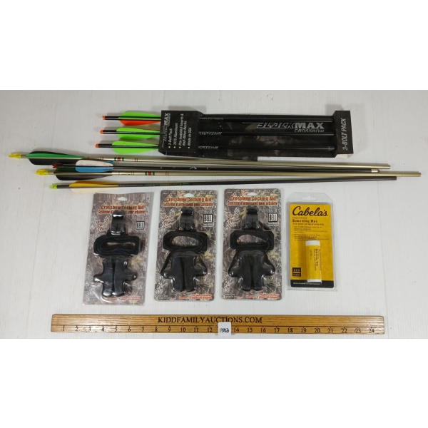 JOB LOT - ARCHERY ACCESS - INCL BOWSTRING WAX, 3-BOLT PACK & CROSSBOW COCKING AIDS ETC