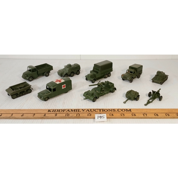 LOT OF 10 - DINKY TOYS DIECAST MILITARY MODELS - TANK, TRAILERS, AMBULANCE, ETC
