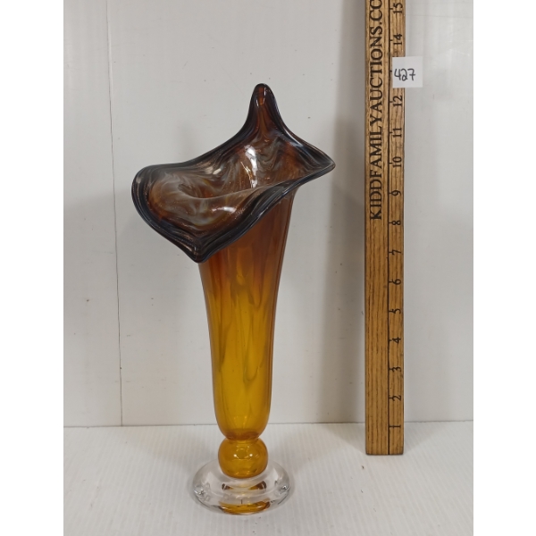 BLOWN GLASS RUFFLE TOP VASE BY A. BUSH