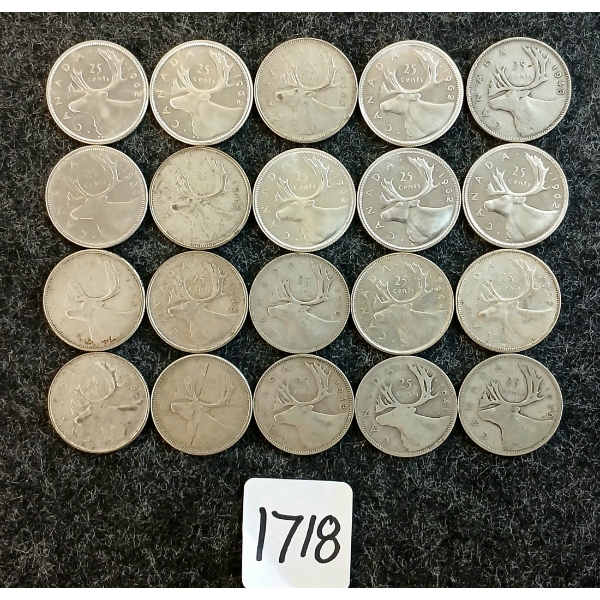 LOT OF 20 - 1939-1968 CDN 25 CENT COINS