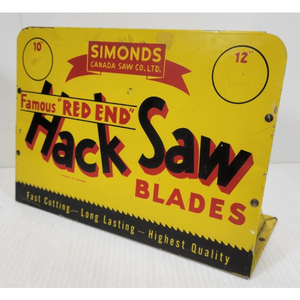 SIMONDS CANADA SAW CO. FAMOUS 'RED HAND' HACK SAW BLADES TIN COUNTERTOP DISPLAY 
