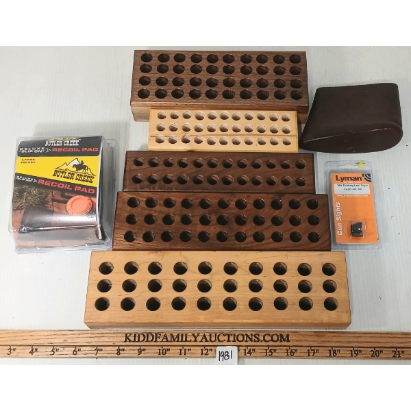 JOB LOT - LYMAN 16A FOLDING LEAF SIGHT, SLIP-ON RECOIL PADS & WOOD RELOAD TRAYS