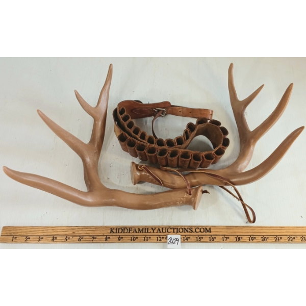 LOT OF 2 - LEATHER SHOT SHELL BELT & PRIMOS DECOY ANTLERS