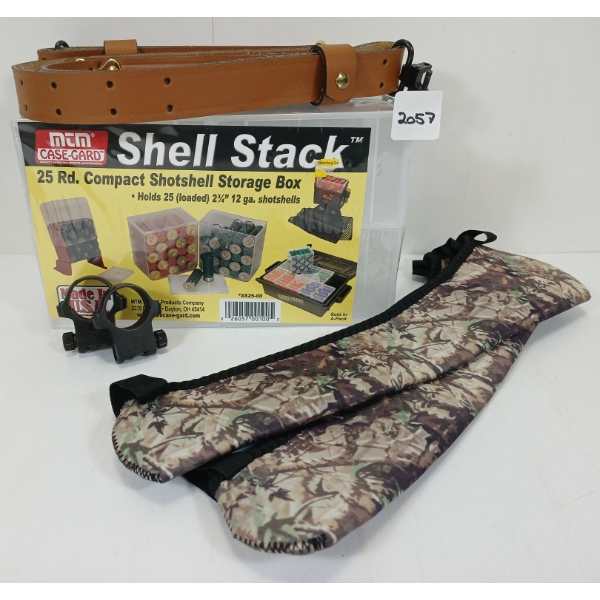 LOT OF 5 - SCOPE 1IN RINGS, COVER, SLING, MTM SHELL STACK STORAGE BOX, ETC