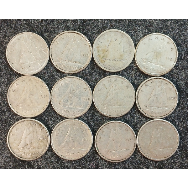 LOT OF 12 - 1942-1966 CDN 10 CENT COINS