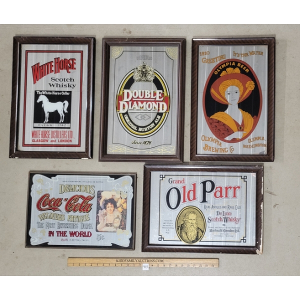 LOT OF 5 - MIRRORED ADVERSITING - INCL WHITE HORSE, COCA-COLA ETC 