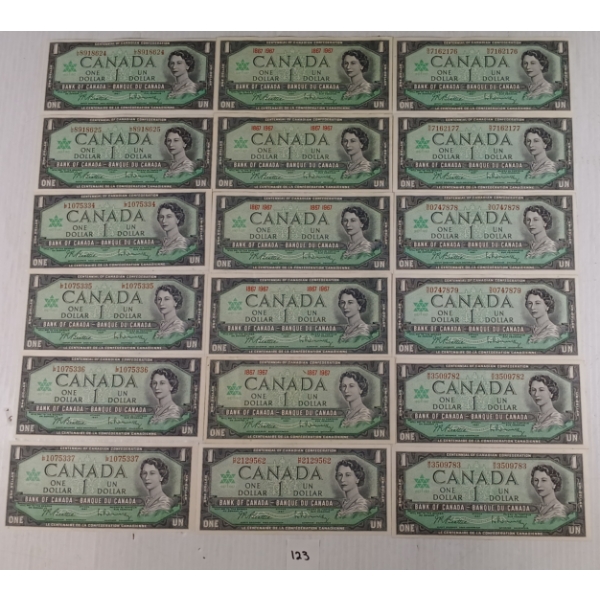 LOT OF 18 - 1967 CDN $1 BANKNOTES - INCL SEQUENTIAL 